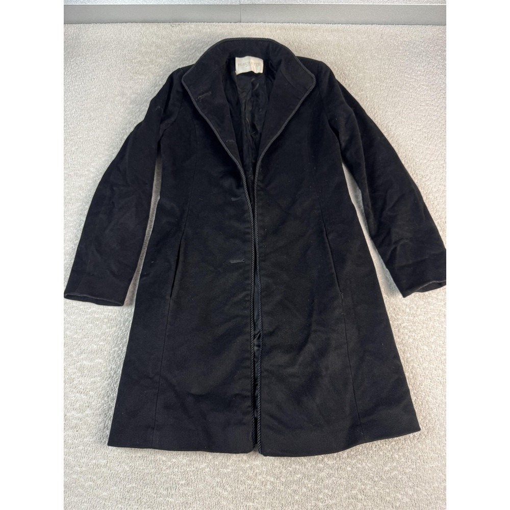 Fleurette Wool Coat Womens 2 Black Long Loro Piana Fabric Made in USA Satin Trim